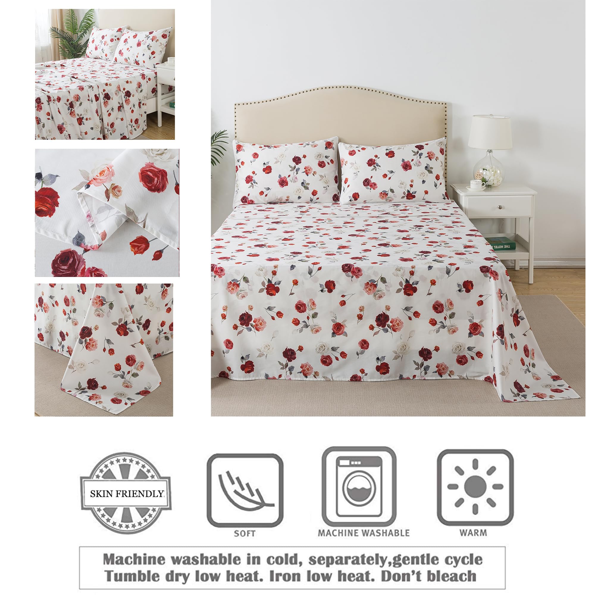 Fadfay Rose Sheets Set Full Vintage White Rose Floral Bedding Chic Red Rose Bed Sheets Shabby Farmhouse Bedding 100% Percale Egy