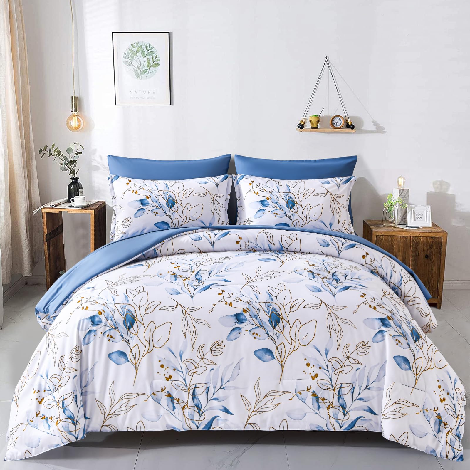 Wongs Bedding Blue Comforter Set Full, 7 Pieces Botanical L Reversible Bed In A Bag Golden Blue Leaves Bedding Set Soft Microfib