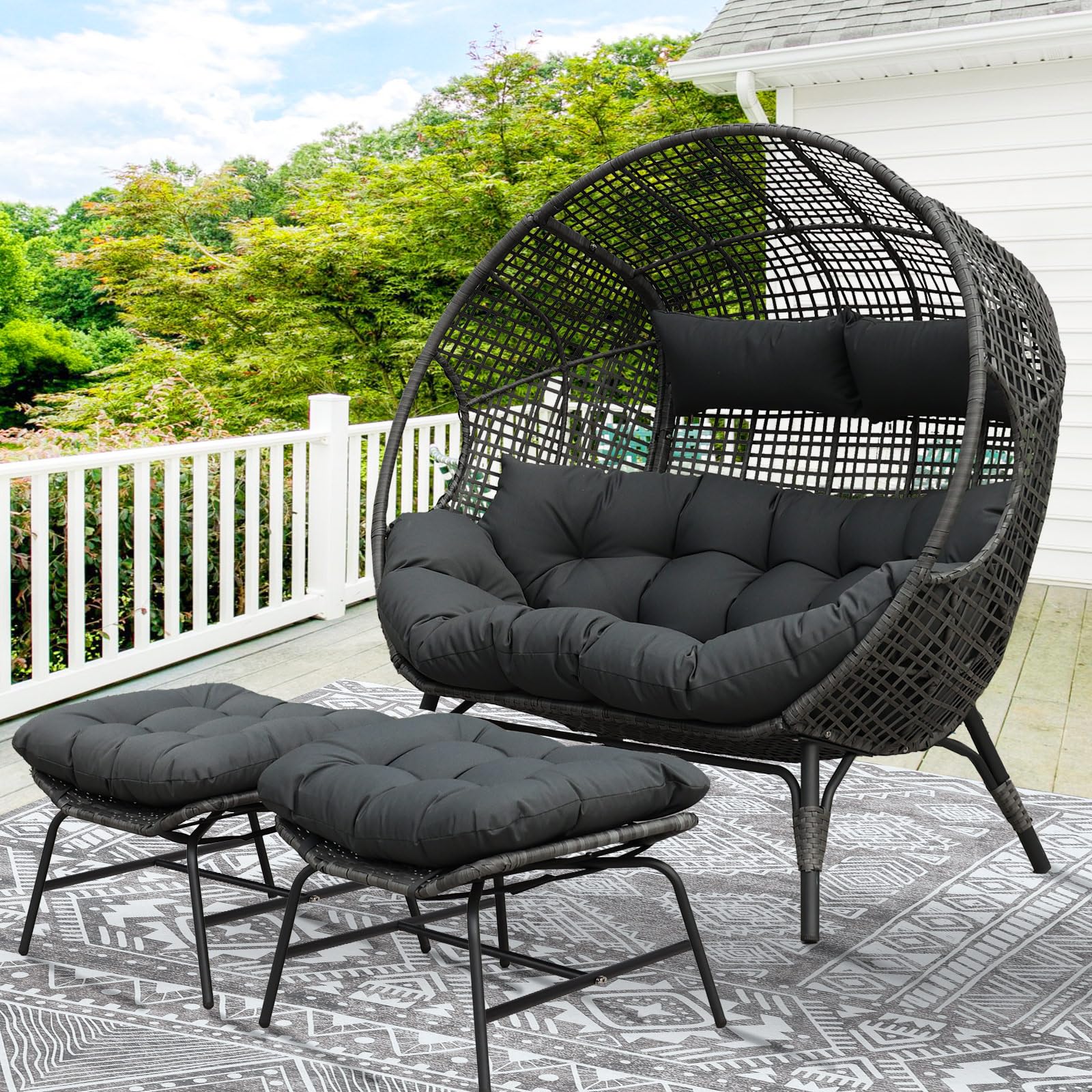 Nicesoul Luxury Double Egg Chair With Footrest & Cushions, Two Person Wicker Eggshell Chair Large With Ottoman, 2 Person Loveseat Comfort Deep Seating For Interiors Exteriors Xmas Gift Dark Gray