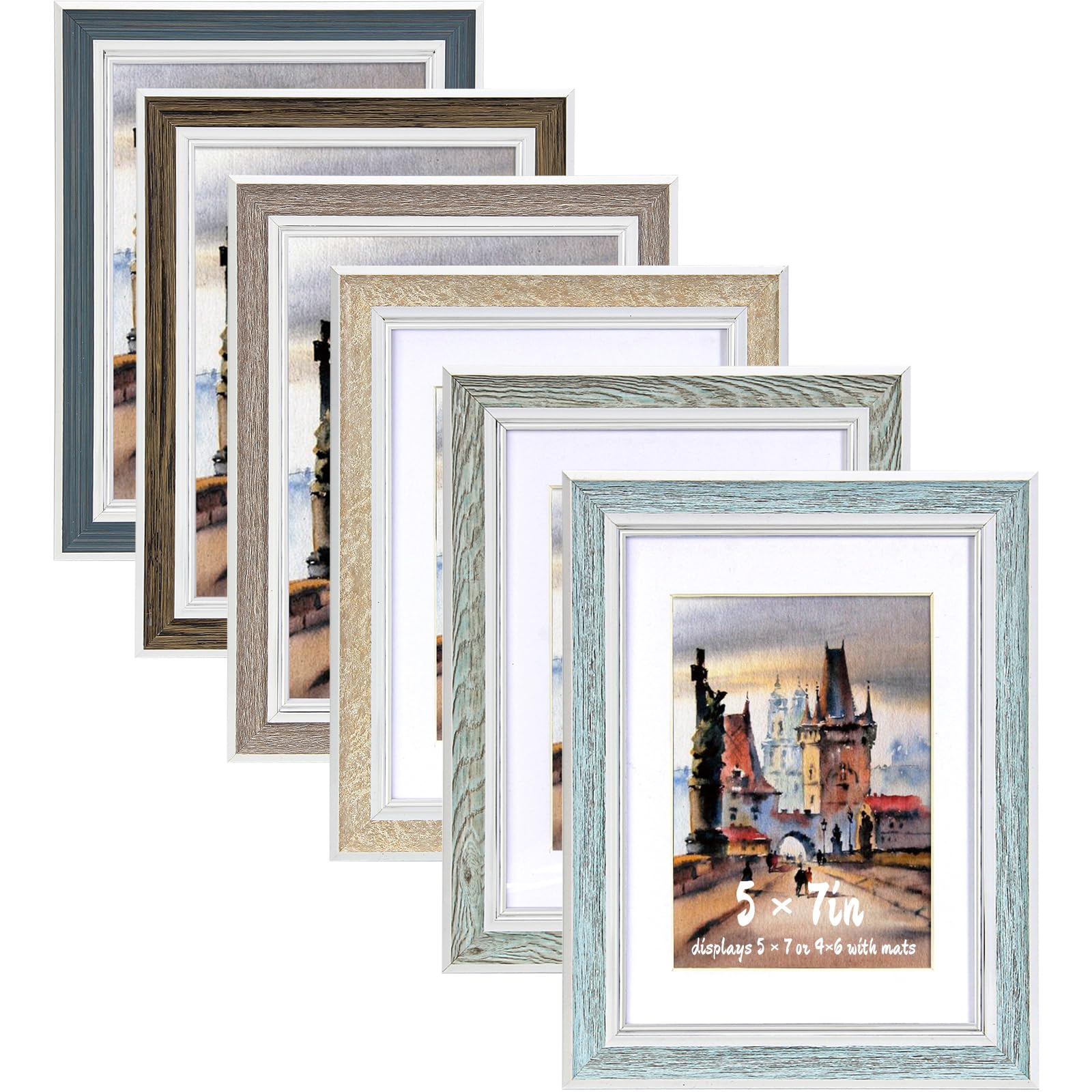 5x7 Picture Frame Set of 6, Rustic Farmhouse Photo Frame, Display 4x6 with Mat or 5x7 Without Mat for Decorative on Wall Hanging