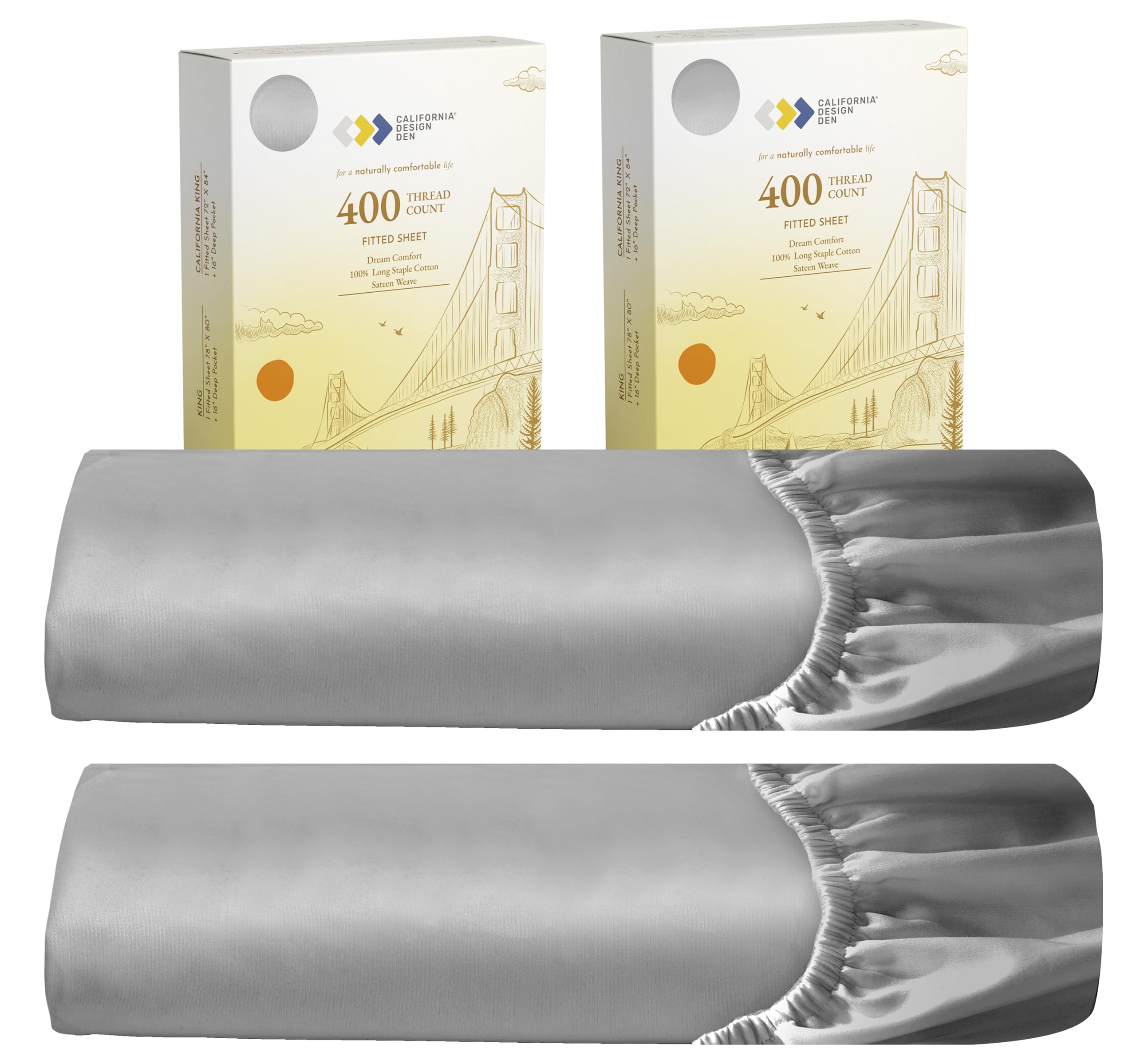 2-Pack King Fitted Sheets, 400 Thread Count 100% Cotton Sateen, King Size Fitted Sheets With Deep Pockets (Light Grey)