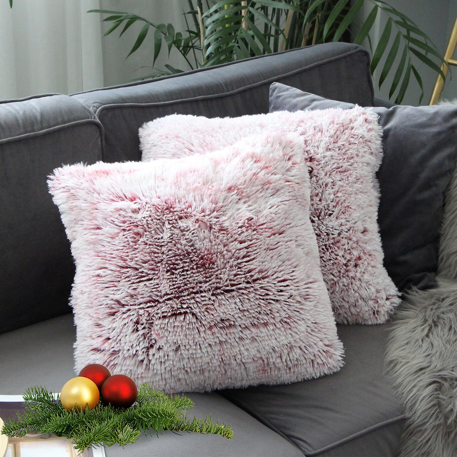 Uhomy 2 Packs Winter Home Decorative Fluffy Plush Pillow Covers 18''X18'',Super Warm Soft Plush Faux Fur Throw Pillow Cover Cush