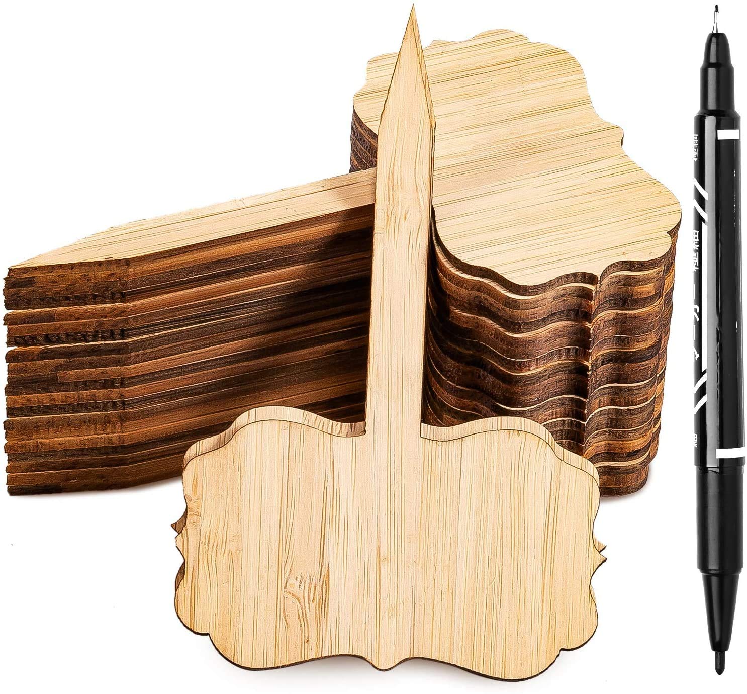 Whaline 60Pcs Bamboo Plant Labels With 1 Marker Pen Eco-Friendly T-Type Wooden Plant Sign Tags Wood Garden Markers Decorative Ga