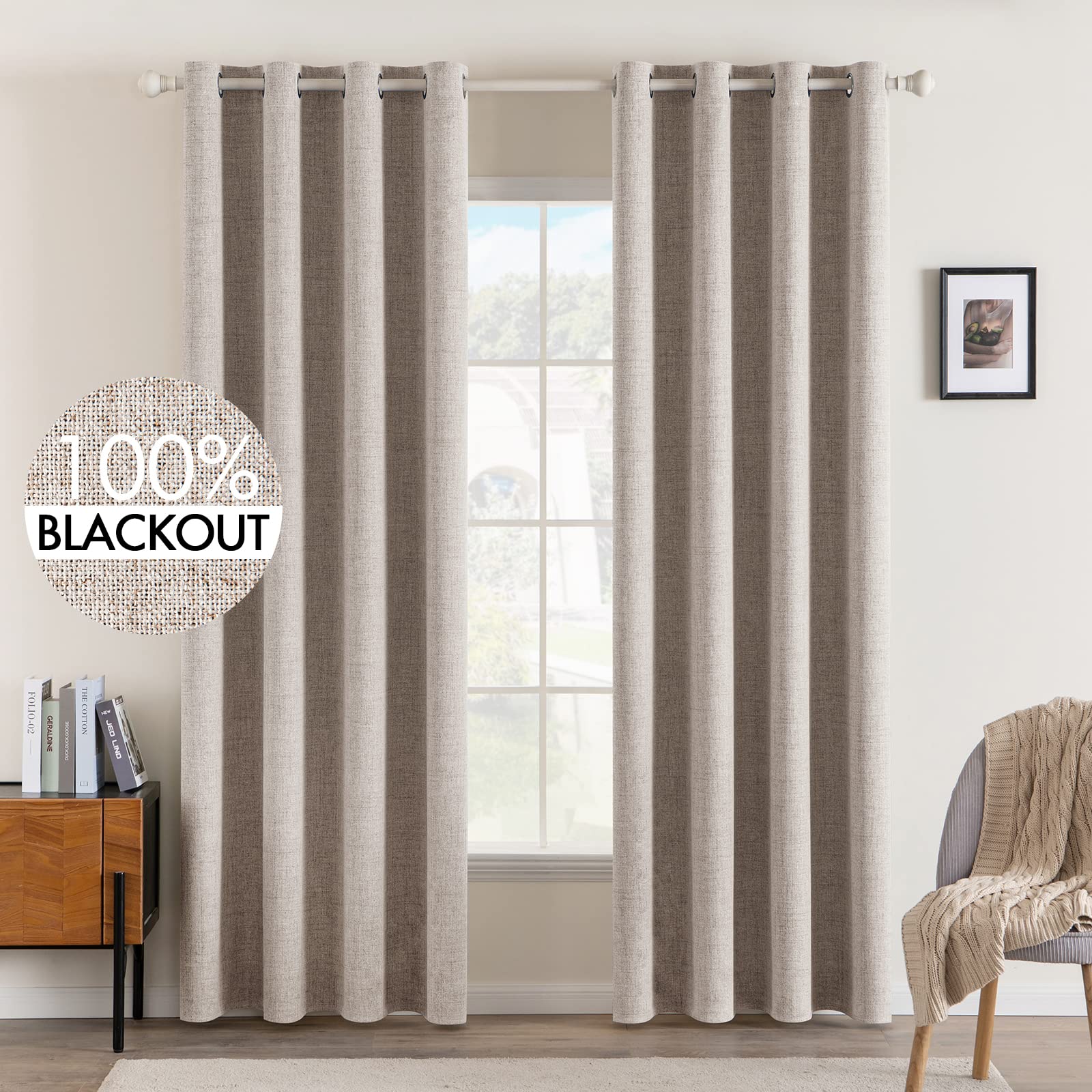 Miulee Blackout Curtains For Bedroom Linen Texture Thermal Insulated Natural Khaki Grommet Room Darkening Curtains & Drapes Luxu
