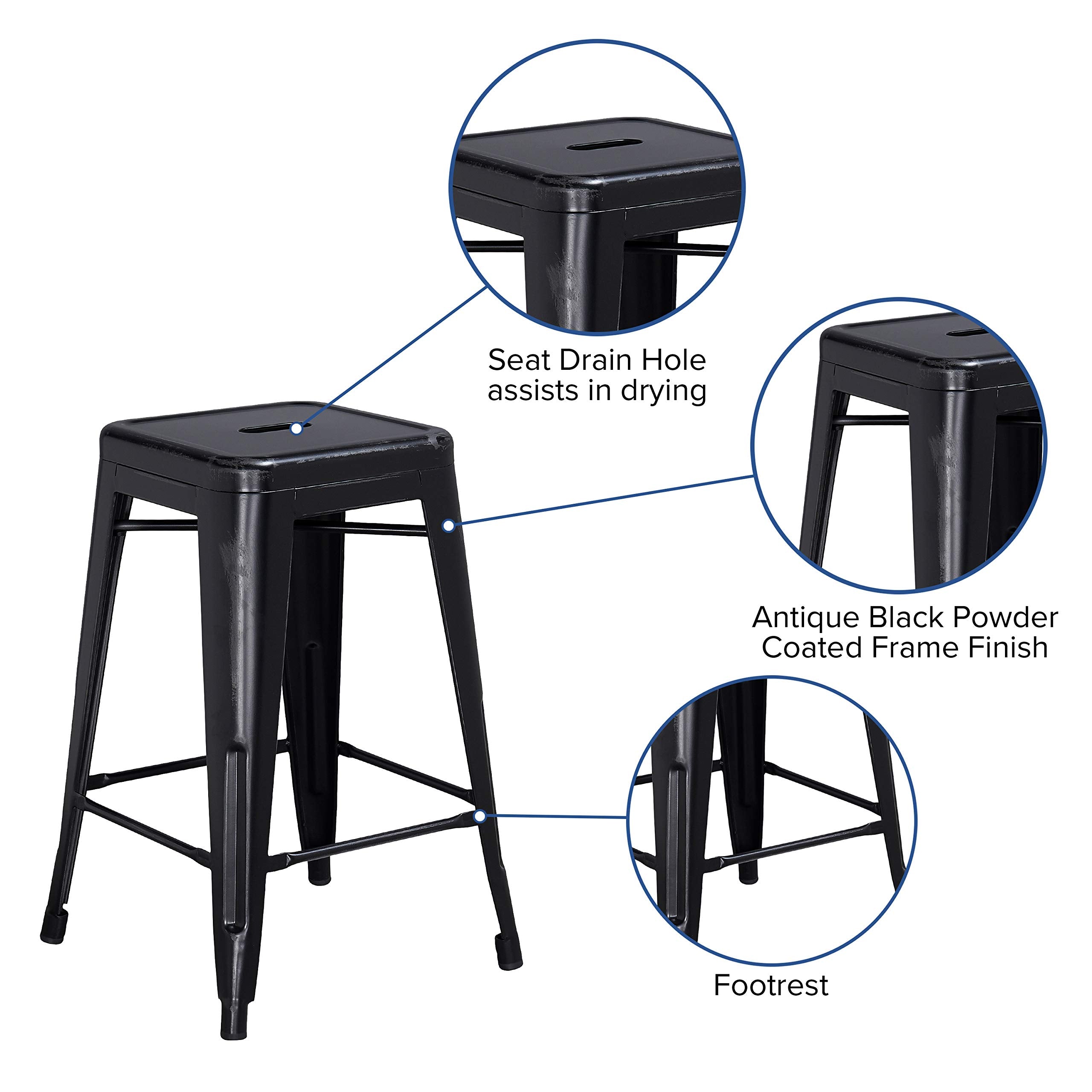 Flash Furniture Commercial Grade 24' High Backless Distressed Black Metal Indoor-Outdoor Counter Height Stool