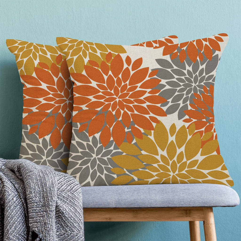 Fall Burnt Orange Outdoor Pillow Covers 18X18 Inch Set Of 2 Mustard Yellow Grey Dahlia Floral Decor Throw Pillows Modern Geometr