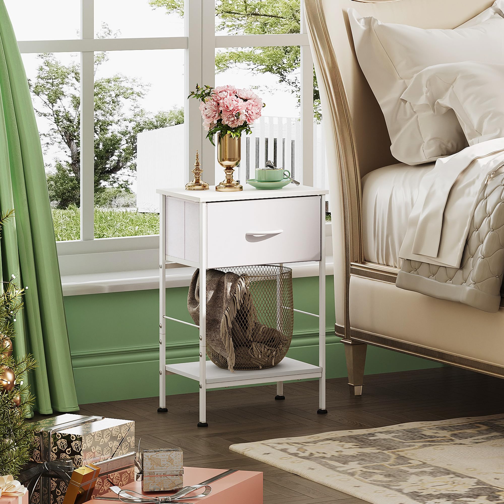 Wlive Night Stand Set 2, White Nightstand With Fabric Storage Drawer And Open Wood Shelf, End Tables Dresser For Bedroom, Bed Side Table, Dorm, 25.03' Height