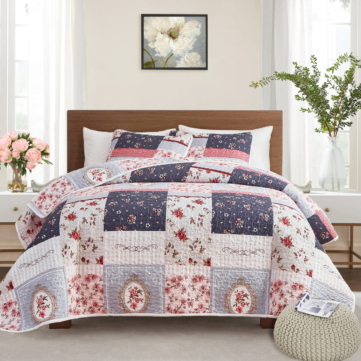 Patchwork Quilt Set King Size, 3 Pieces Pink Purple Floral Plaid Summer Bedspread Coverlet Set, Soft Microfiber Reversible Light