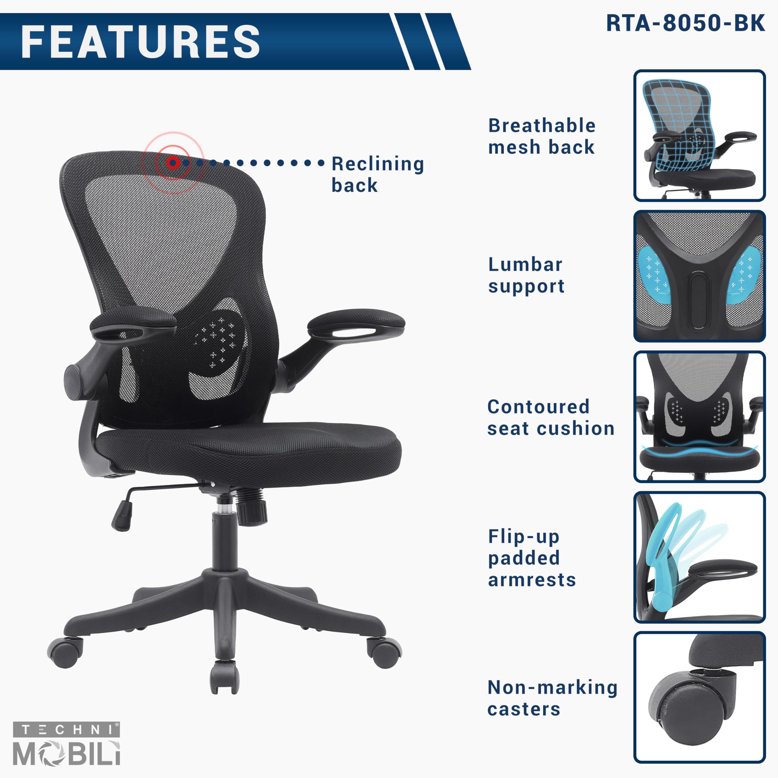 Techni Mobili Mesh Task Office Chair With Flip Up Arms. Color: Black, Mid-Back