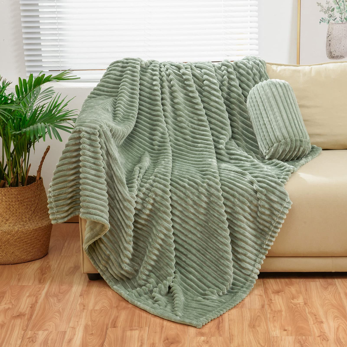 Bnuitland Sage Green Flannel Throw With Storage Pouch,300Gsm Super Soft Fleece Stripe Pattern Sofa Blanket For Adults And Kids,