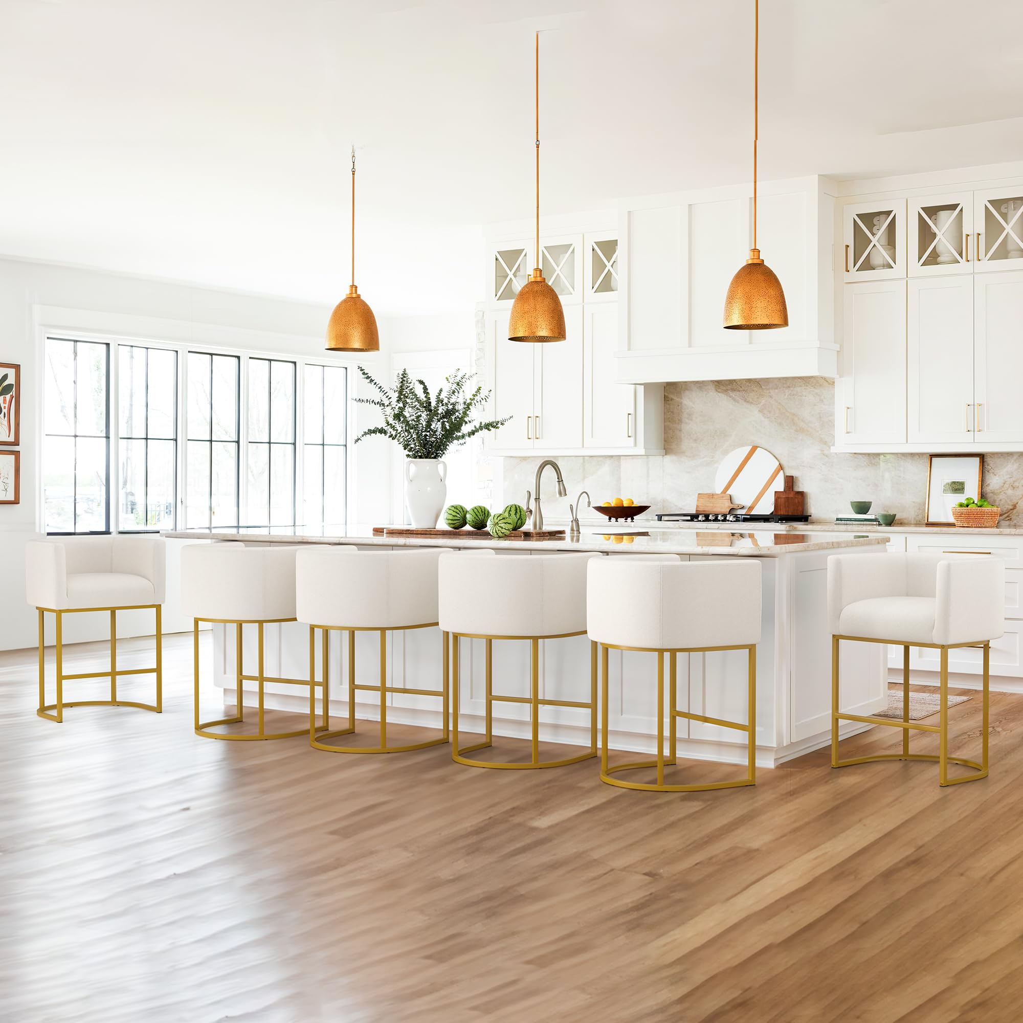 LUE BONA 27'' H Counter Height Bar Stools Set of 6, Modern Barrel Counter Stools with Backrest and Arms, Gold Metal Frames, Line