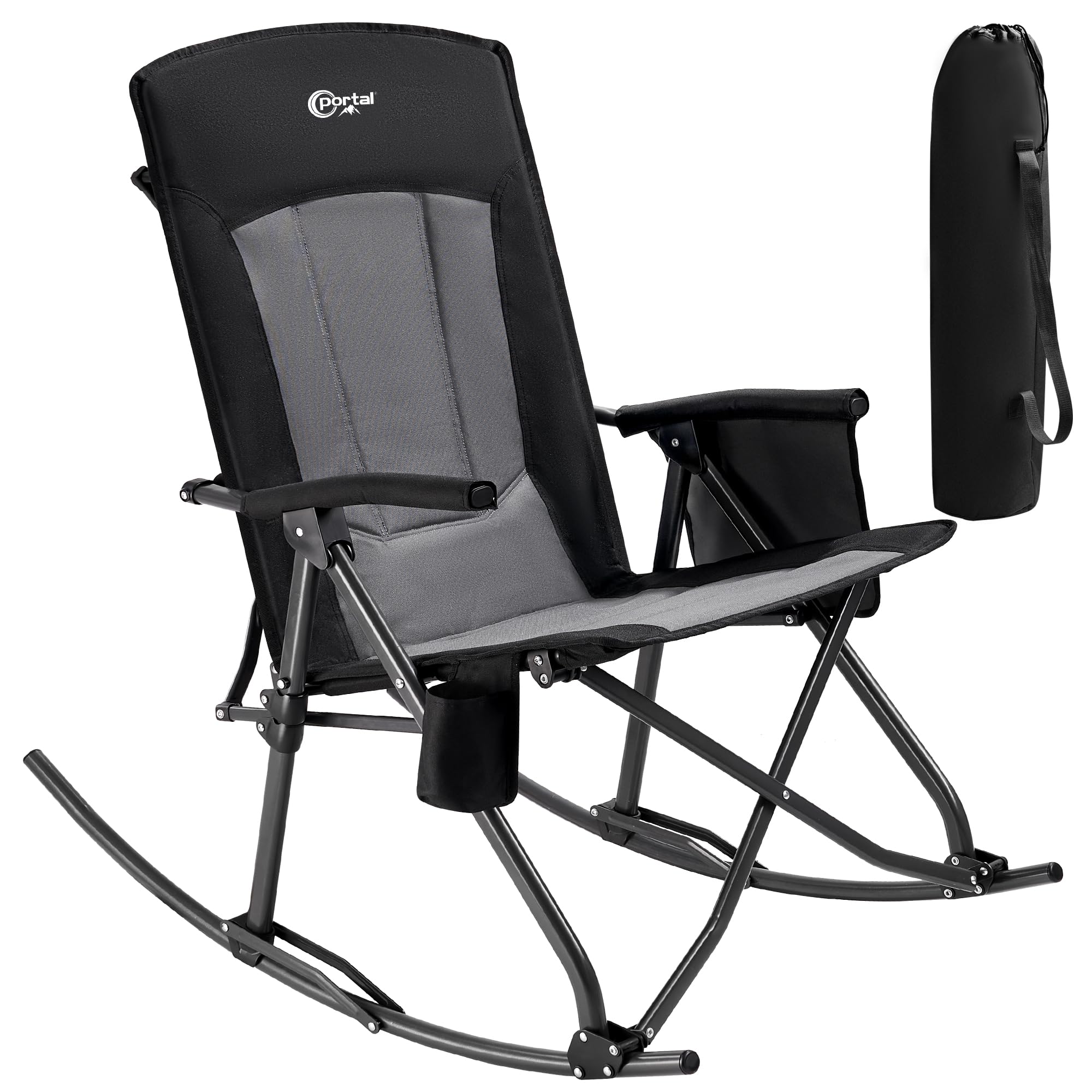 Portal Oversized Folding Rocking Camping Chair High Back Outdoor Rocker Portable For Outside Lawn Patio Travel Garden, Supports 400 Lbs, Padded Back, Black Grey