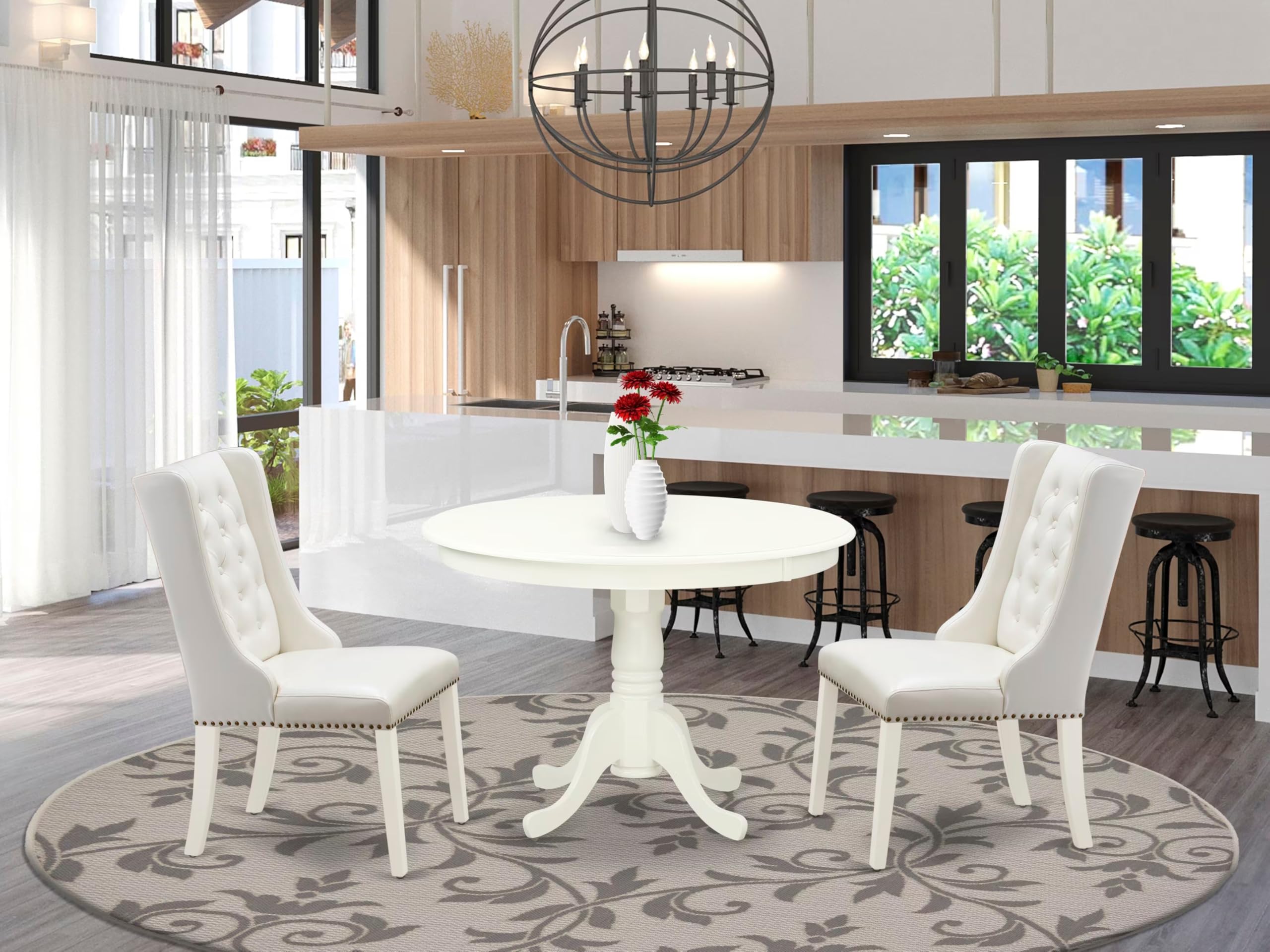 East West Furniture HLFO3-LWH-44 3 Piece Dining Table Set Contains a Round Dining Room Table with Pedestal and 2 Light Grey Faux Leather Parsons Chairs, 42x42 Inch, Linen White