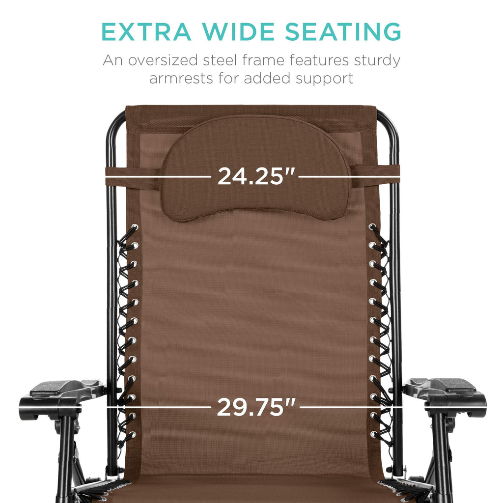 Best Choice Products Oversized Zero Gravity Chair, Folding Outdoor Patio Lounge Recliner W/Cup Holder Accessory Tray And Removable Pillow - Brown