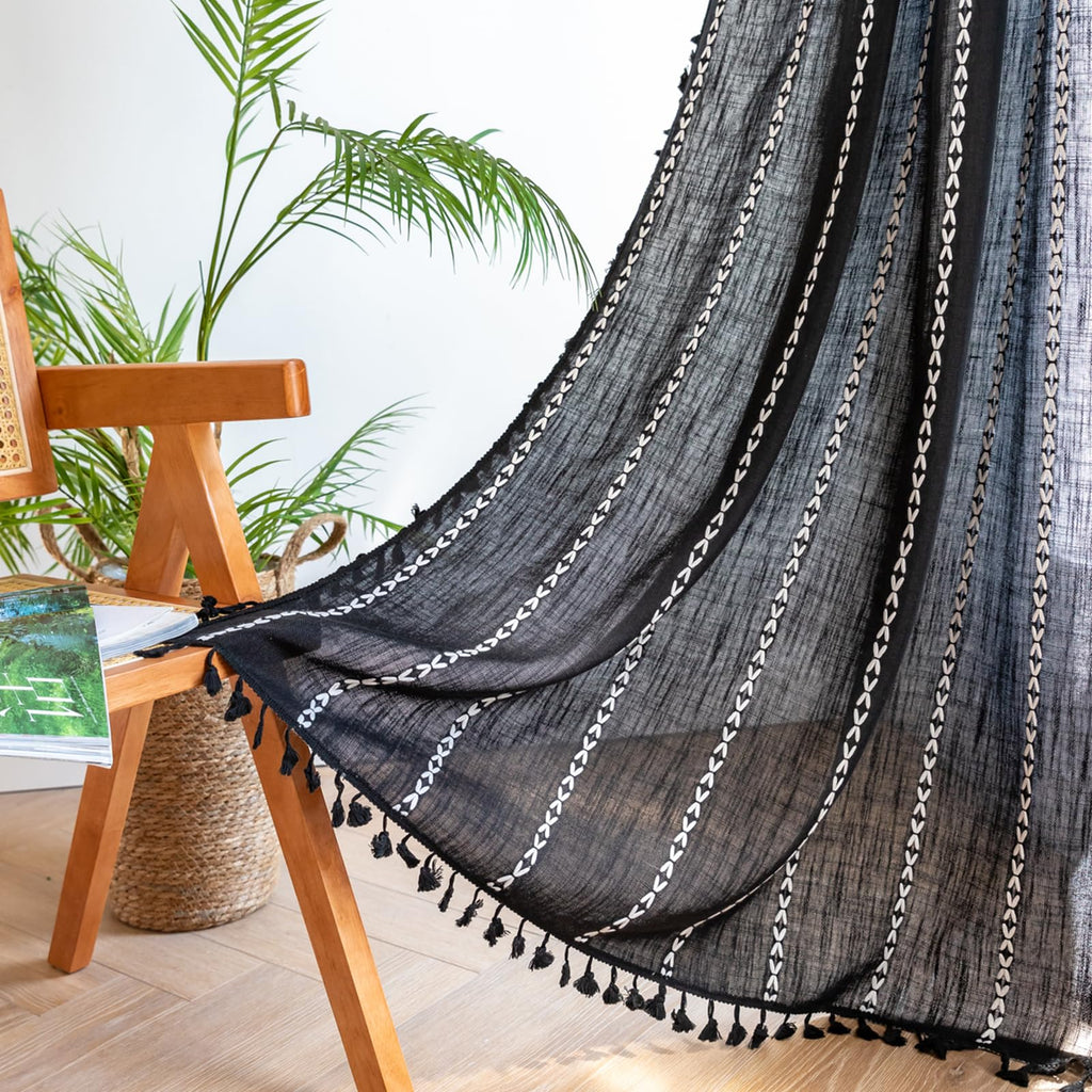 Deeprove Black Boho Curtains 84 Inches Long With Tassel For Bedroom, Vintage Bohemian Embroidery Farmhouse Cotton Linen French C