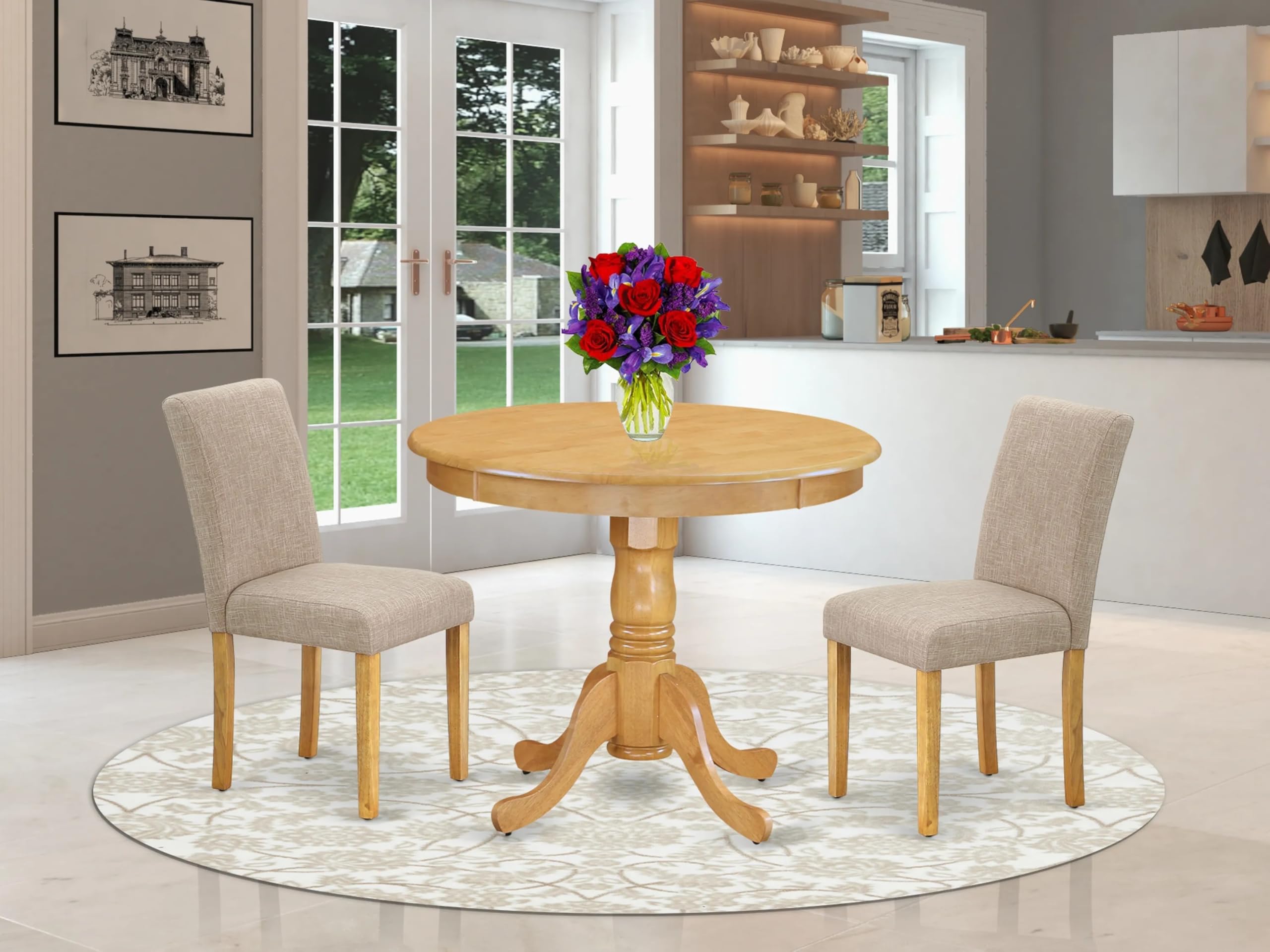 East West Furniture Anab3-Oak-04 3 Piece Dinette Set For Small Spaces Contains A Round Dining Table With Pedestal And 2 Light Tan Linen Fabric Upholstered Chairs, 36X36 Inch, Oak