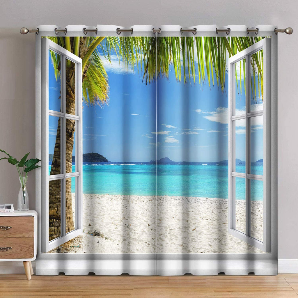 Jekeno Ocean Beach Palm Trees Blackout Curtains Summer Tropical Island Decor for Bedroom Living Room Seaside White Wooden Window