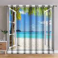Jekeno Ocean Beach Palm Trees Blackout Curtains Summer Tropical Island Decor for Bedroom Living Room Seaside White Wooden Window