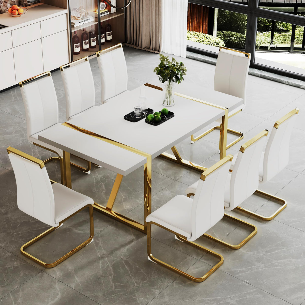 Ebullient White Dining Table Set For 8,71' Rectangular Kitchen Table And Leather Dining Chairs Set Of 8, 9 Piece Dining Room Ta
