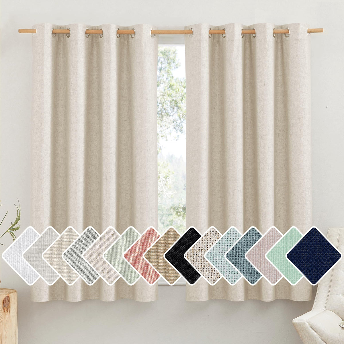 Nicetown Taupe 100% Blackout Linen Curtains 48 Inch Long Burg, Farmhouse Thick Completely Blackout Window Treatment Panels Therm