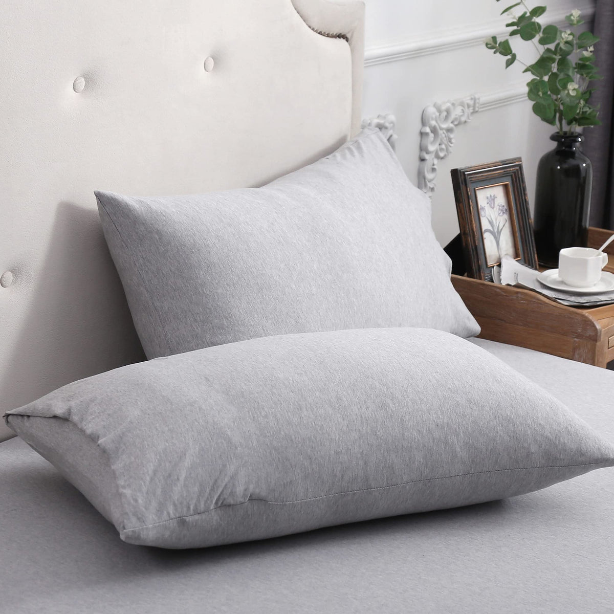 Pure Era Jersey Knit Pillowcases 100% T-Shirt Cotton Super Soft Comfy Breathable, Set Of 2, King 20' X 36', Heathered Grey