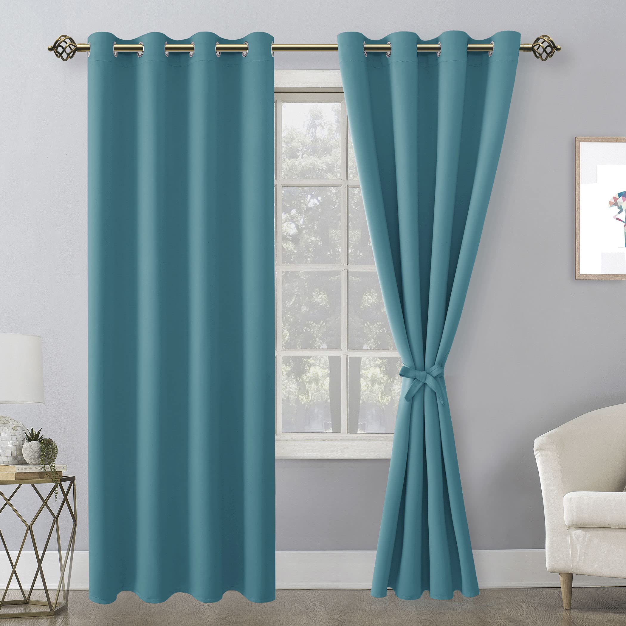 Hiasan Blackout Curtains For Bedroom, 52 X 84 Inches Long - Thermal Insulated & Light Blocking Window Curtains For Living Room, 2 Drape Panels Sewn With Tiebacks, Turquoise
