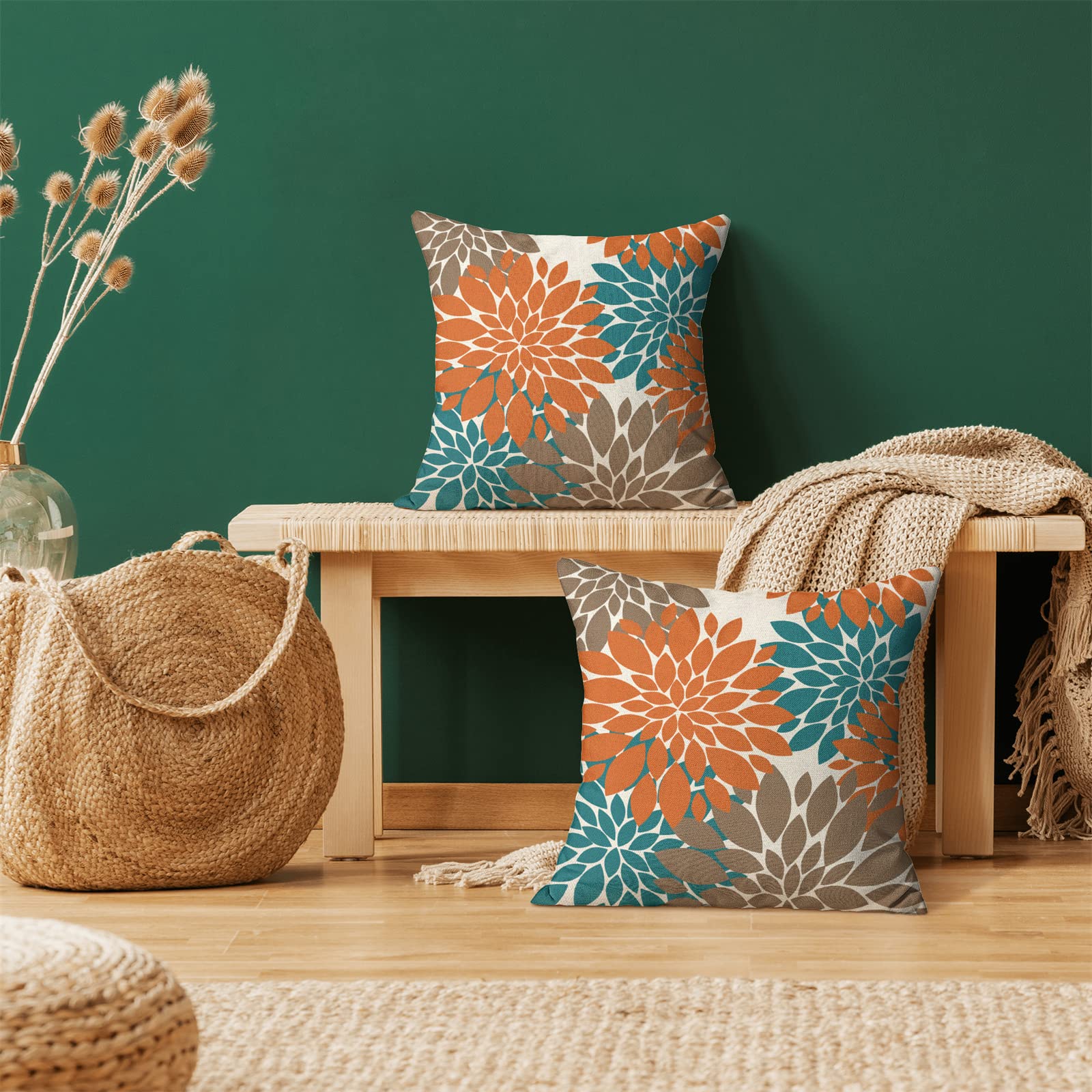 Cxmeifly Burnt Orange Brown Teal Pillow Covers 20X20 Inch Set Of 2 Dahlia Floral Decor Throw Pillows Summer Modern Geometry Flow