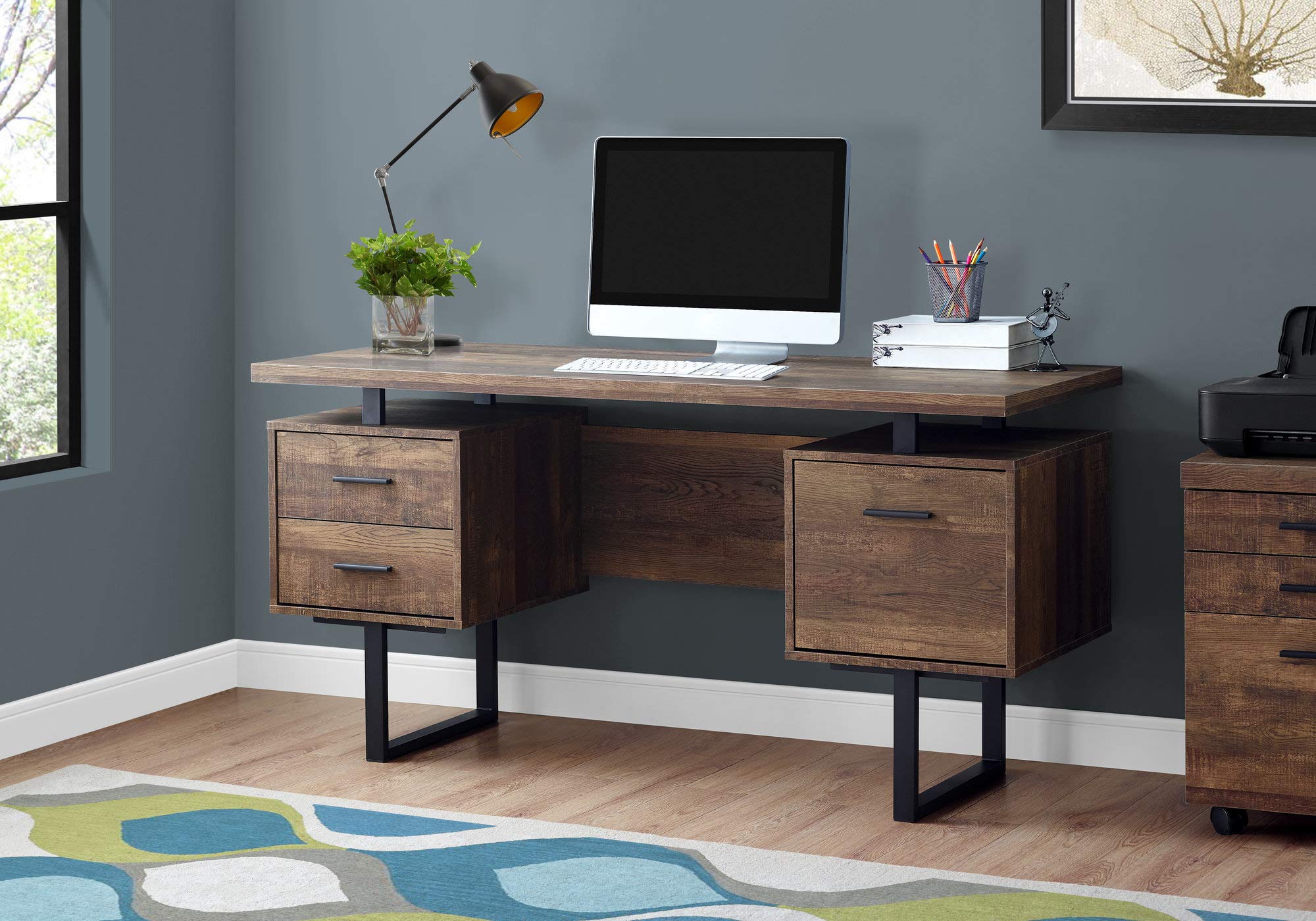 Monarch Specialties Computer Desk With Drawers - Contemporary Style - Home & Office Computer Desk With Metal Legs - 60&quot;L (Brown Reclaimed Wood Look)