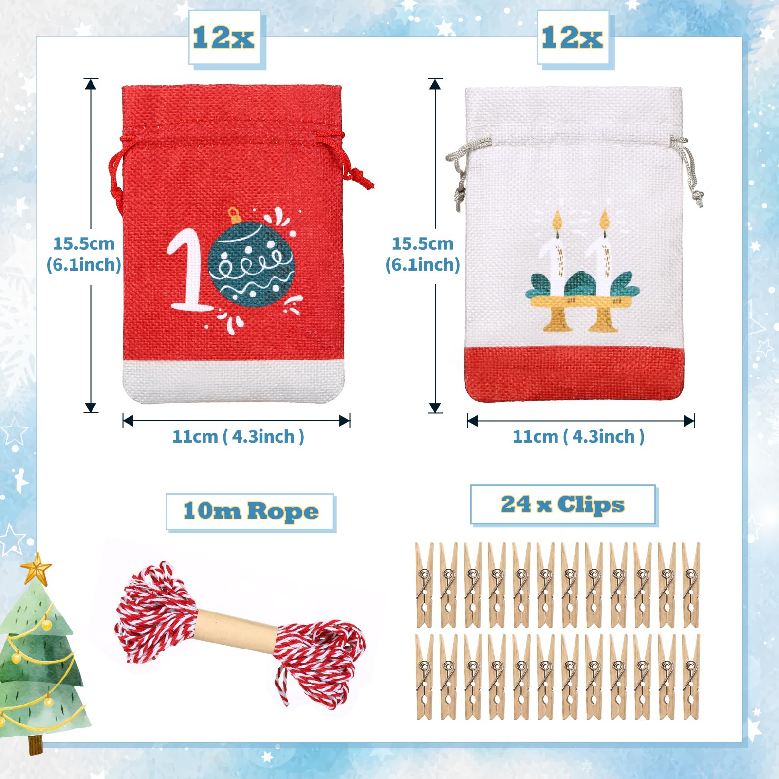 Gwhole 2024 Advent Calendar Fill Your Own Christmas Drawstring Bags With Countdown Stickers Printed 24Pcs