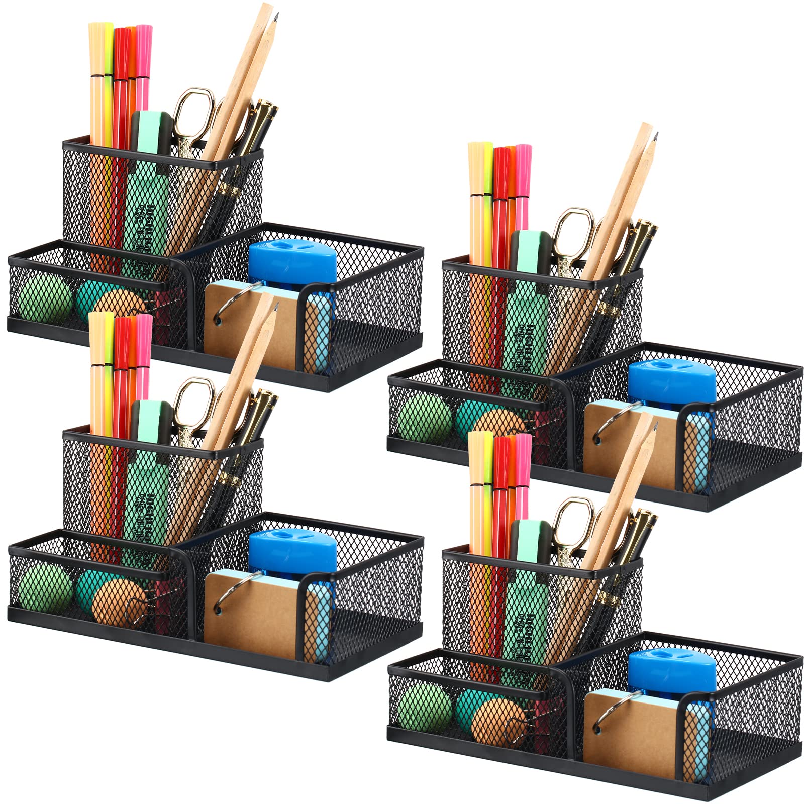 4 Pcs Mesh Desk Organizer 3 Compartments Mesh Pen Holder Sticky Notes Pencil Holder Black Metal Desk Caddy Desk Pen Organizer Fo
