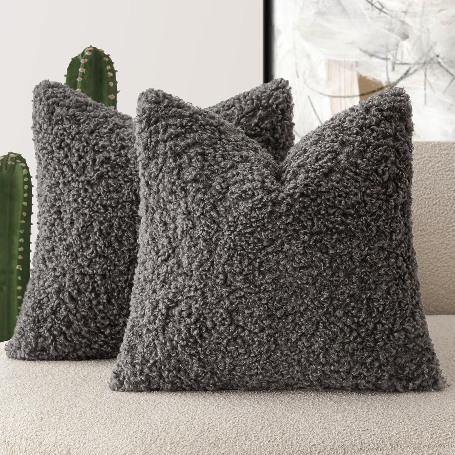 Foindtower 2 Pieces 20X20 Inch Dark Gray, Faux Fur Throw Pillow Cover Accent Sherpa Furry Pillow Covers Fuzzy Soft Pillowcases C
