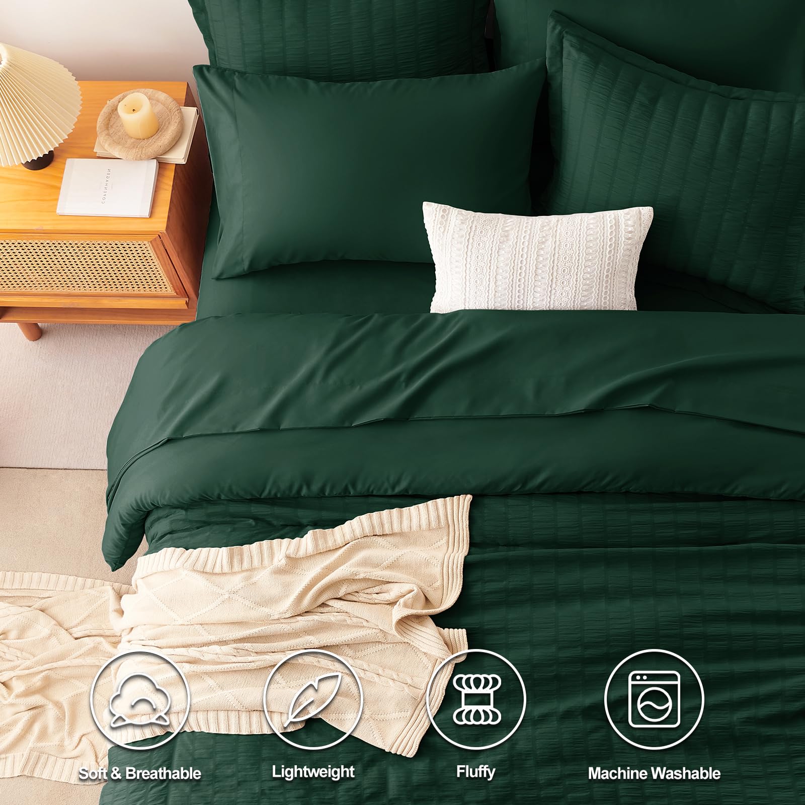 Cozylux King Seersucker Comforter Set With Emerald Green Bed In A Bag 7-Piece All Season Bedding Set With Comforter, Pillow Sham, Flat Sheet, Fitted Sheet, Pillowcase