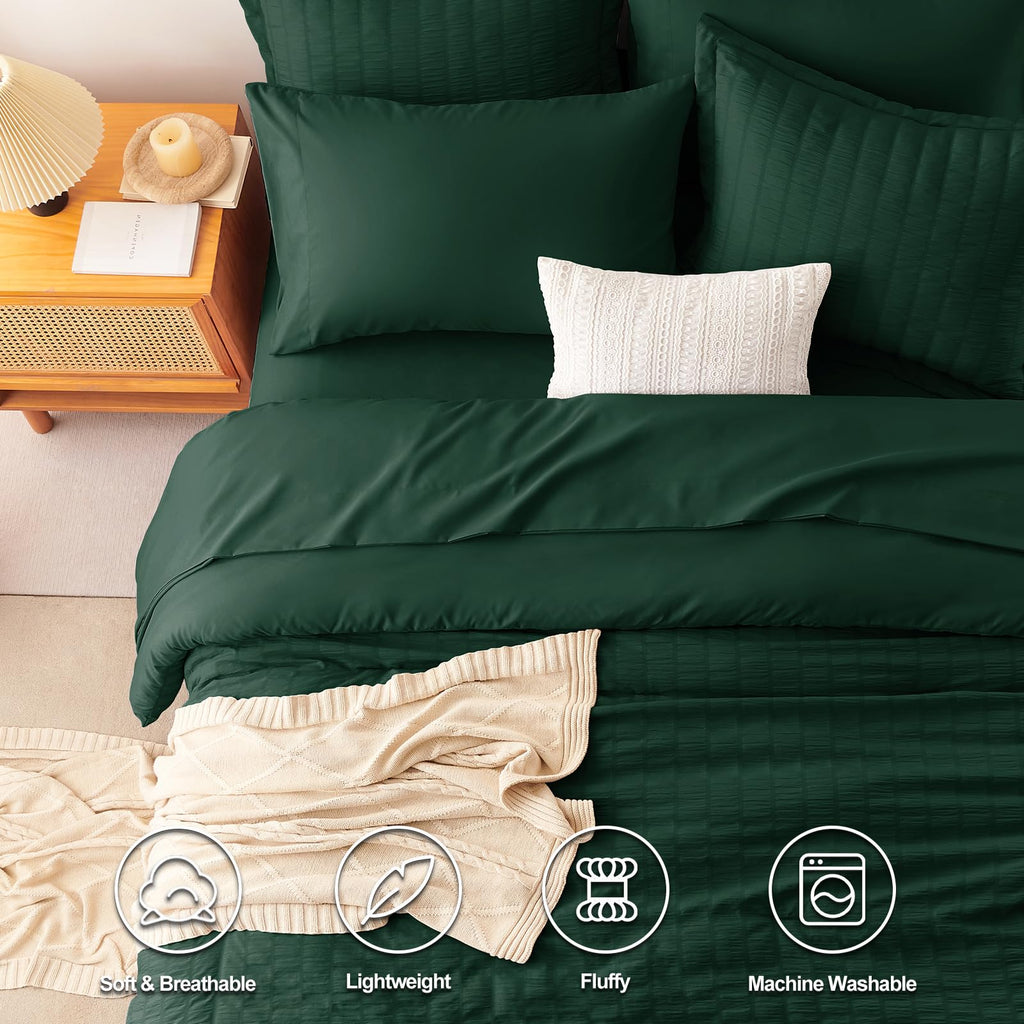 Cozylux King Seersucker Comforter Set With Emerald Green Bed In A Bag 7-Piece All Season Bedding Set With Comforter, Pillow Sham, Flat Sheet, Fitted Sheet, Pillowcase