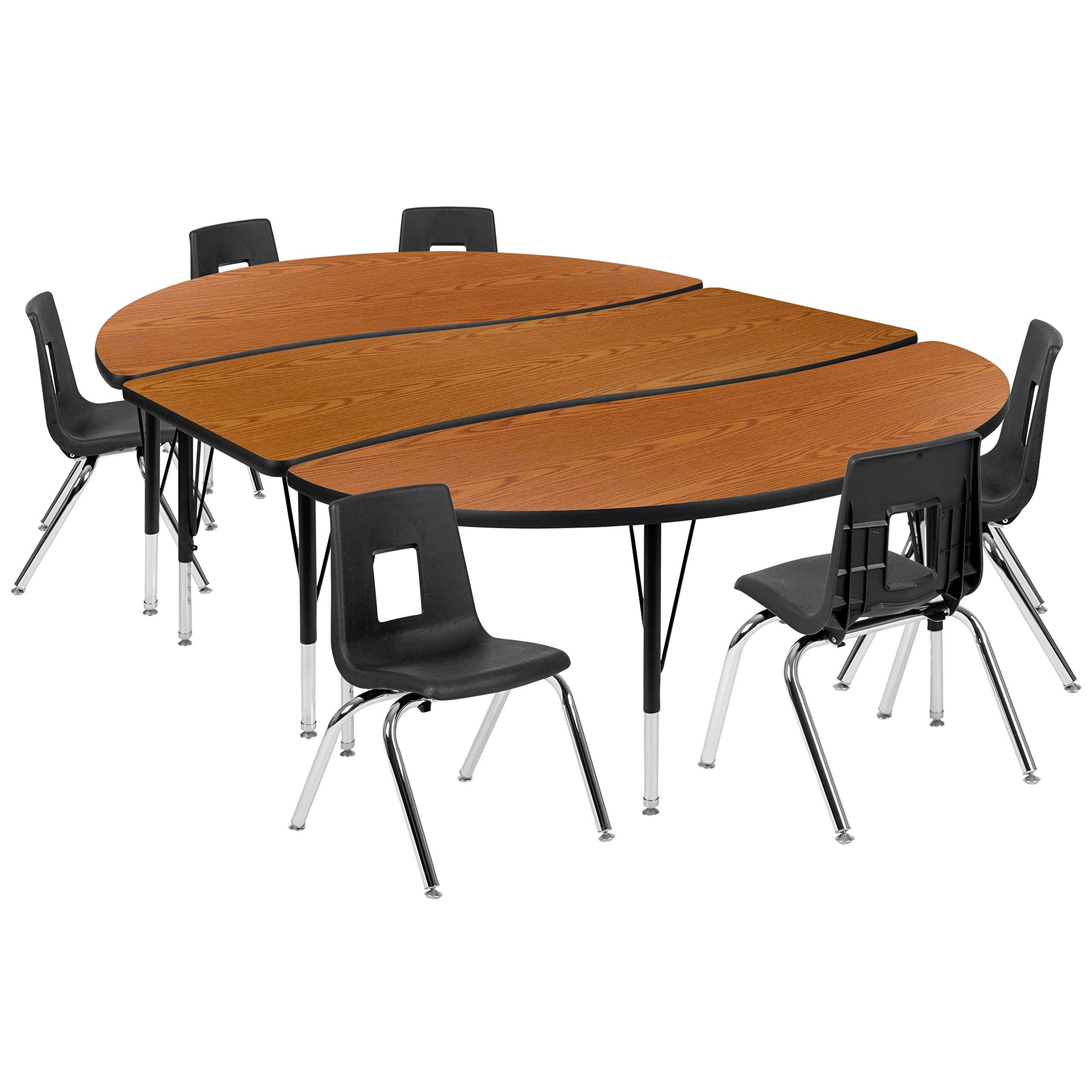 Flash Furniture Emmy 86&quot; Oval Wave Flexible Laminate Activity Table Set with 14&quot; Student Stack Chairs, Oak/Black