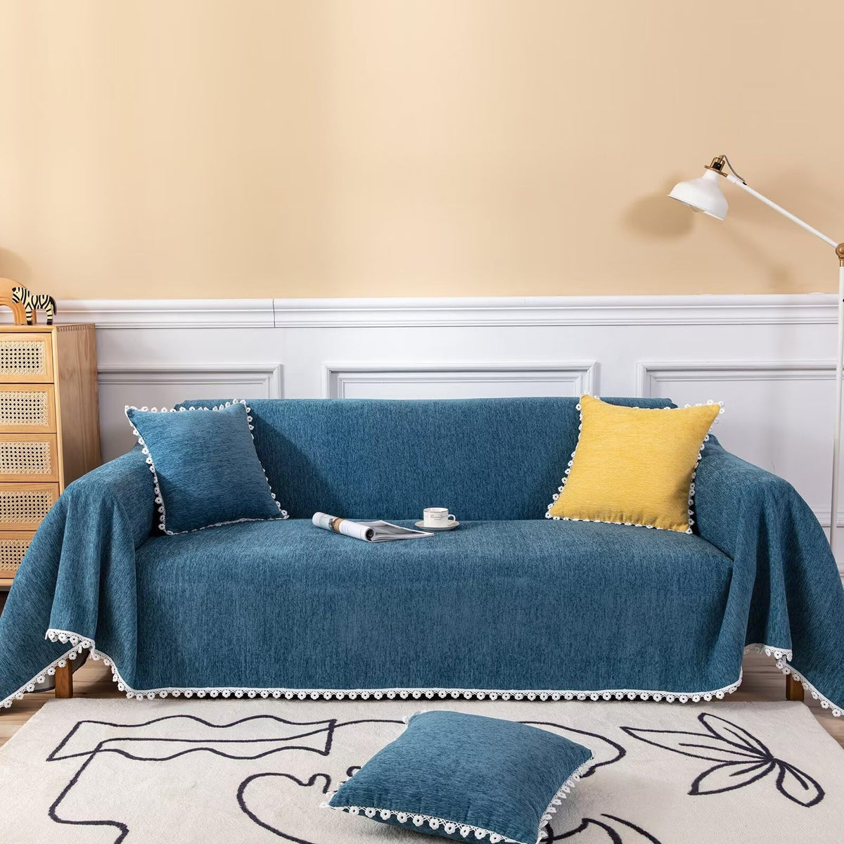 Vclife Chenille Blue Couch Cover Non Slip Pet Dog Cat Sectional Sofa Cover 2-3 Cushion Couch, 1 Piece Modern L Shape Sofa Couch