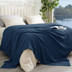 Phf Cooling Waffle Blanket Queen Size, Lightweight 60% Rayon Derived From Bamboo & 40% Cotton Breathable Blanket For Hot Sleepers, Soft And Luxury For Bed Couch And Sofa, 90'X90', Navy Blue