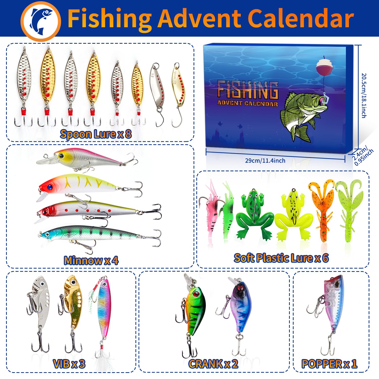 Fishing Lure Advent Calendar 2024 Adult Teen, 24 Days Xmas Countdown Gift For Anglers With Topwater Lures, Minnow, Crankbait, Vi