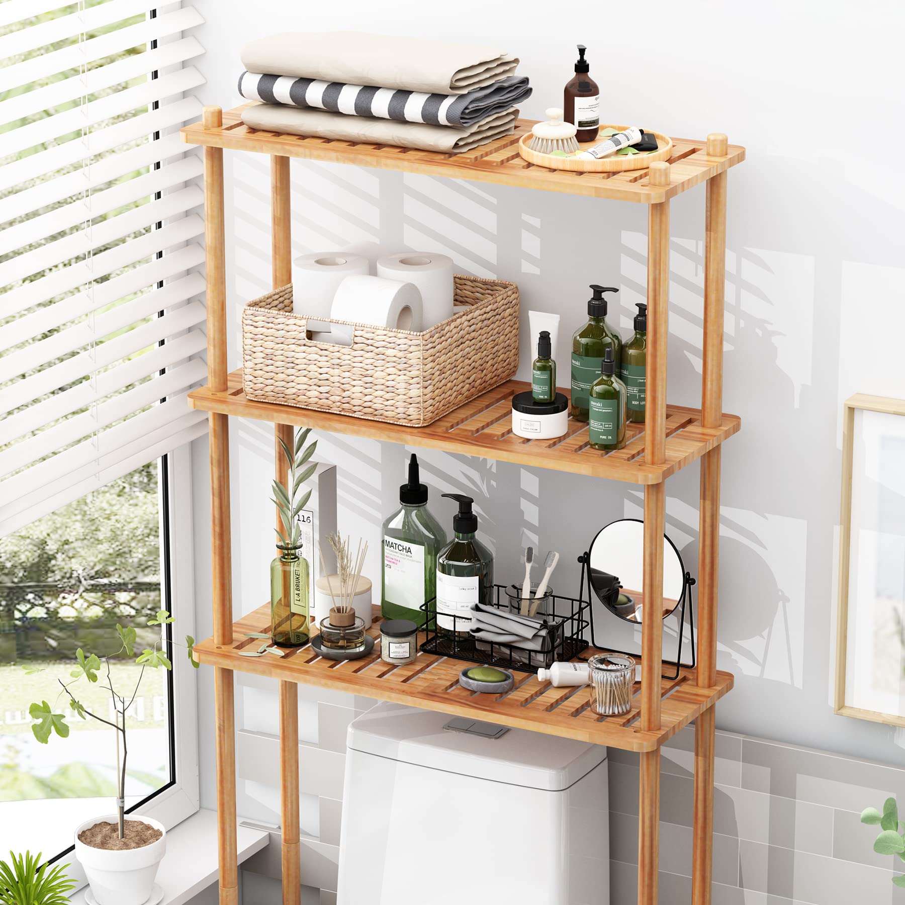 Amazerbath Over The Toilet Storage Shelf Bamboo, 3-Tier Over Toilet Organizer Rack, Freestanding Above Toilet Shelf For Bathroom, Laundry, Space Saver, Natural Color