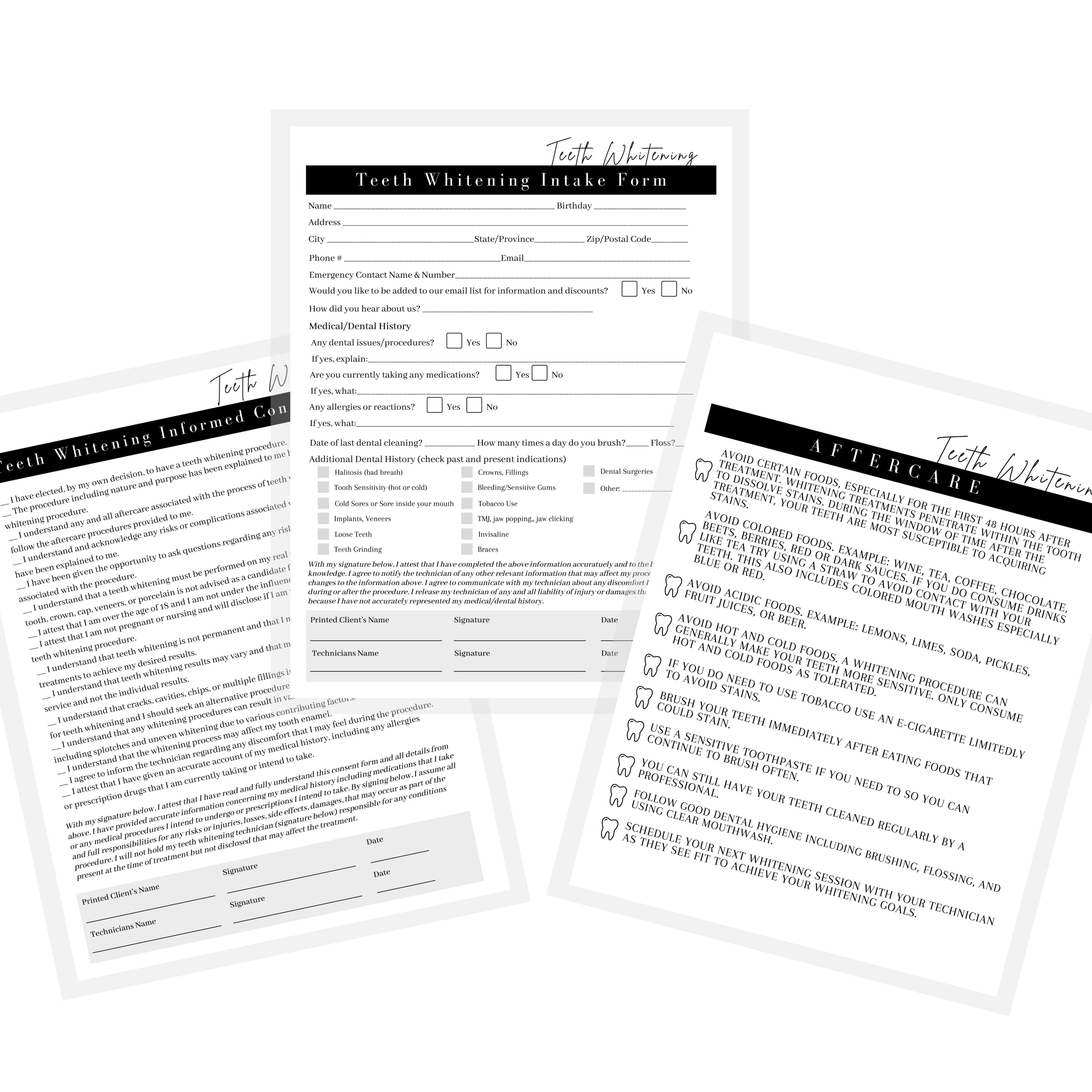 Teeth Whitening Intake, Consent, And Aftercare Form | 75 Pack | 8.5 X 11' A1 Forms | Clients Signature | 25 Intake Forms, 25 Co