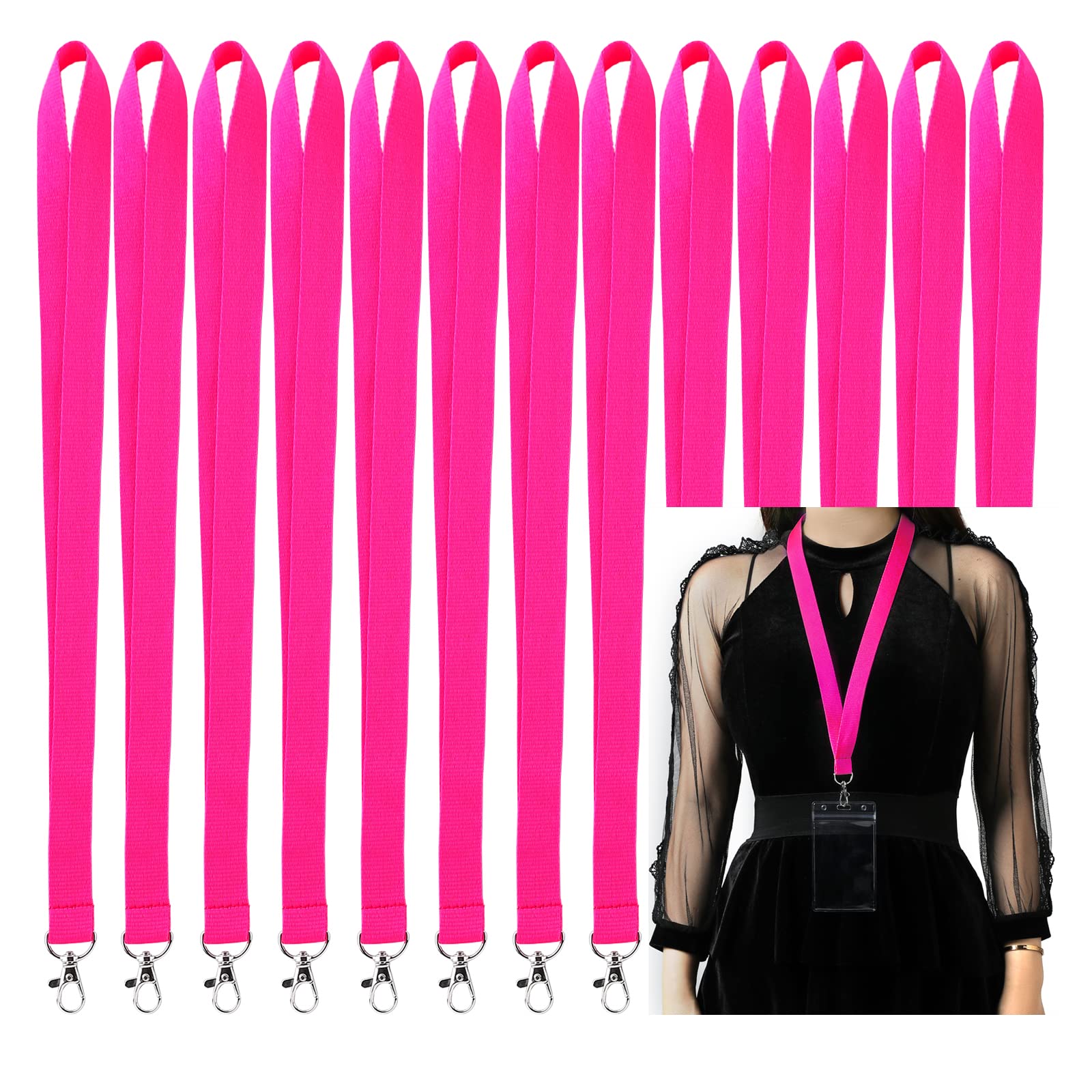 Canwelux 100 Pack Bright Neon Hot Pink Lanyard For Id Badges (No Id Holder), Neon Pink Cruise Lanyard With Anti-Lost Id Holders