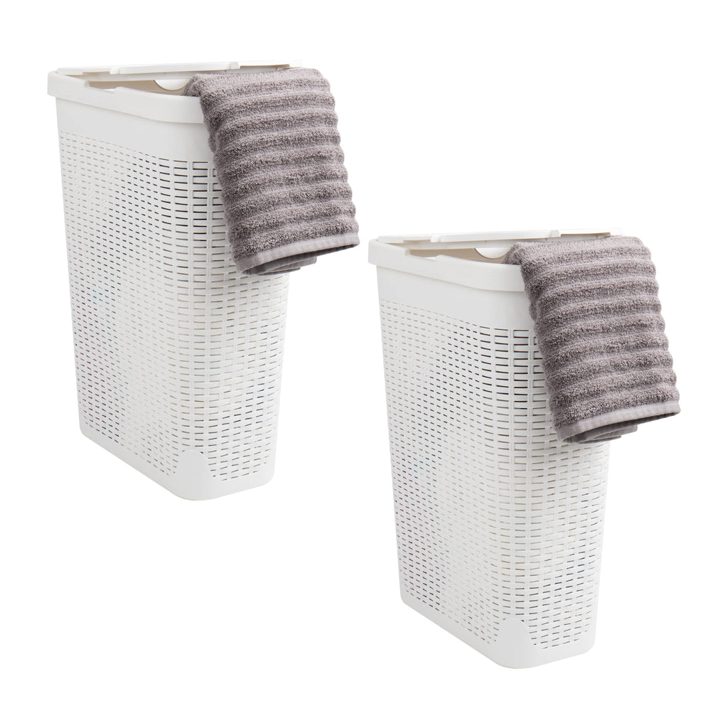 Mind Reader 40L Slim Laundry Hamper, Clothes Basket, Lid, Wicker Design, Plastic, 18''L x 10.4''W x 23.5''H, Set of 2, White