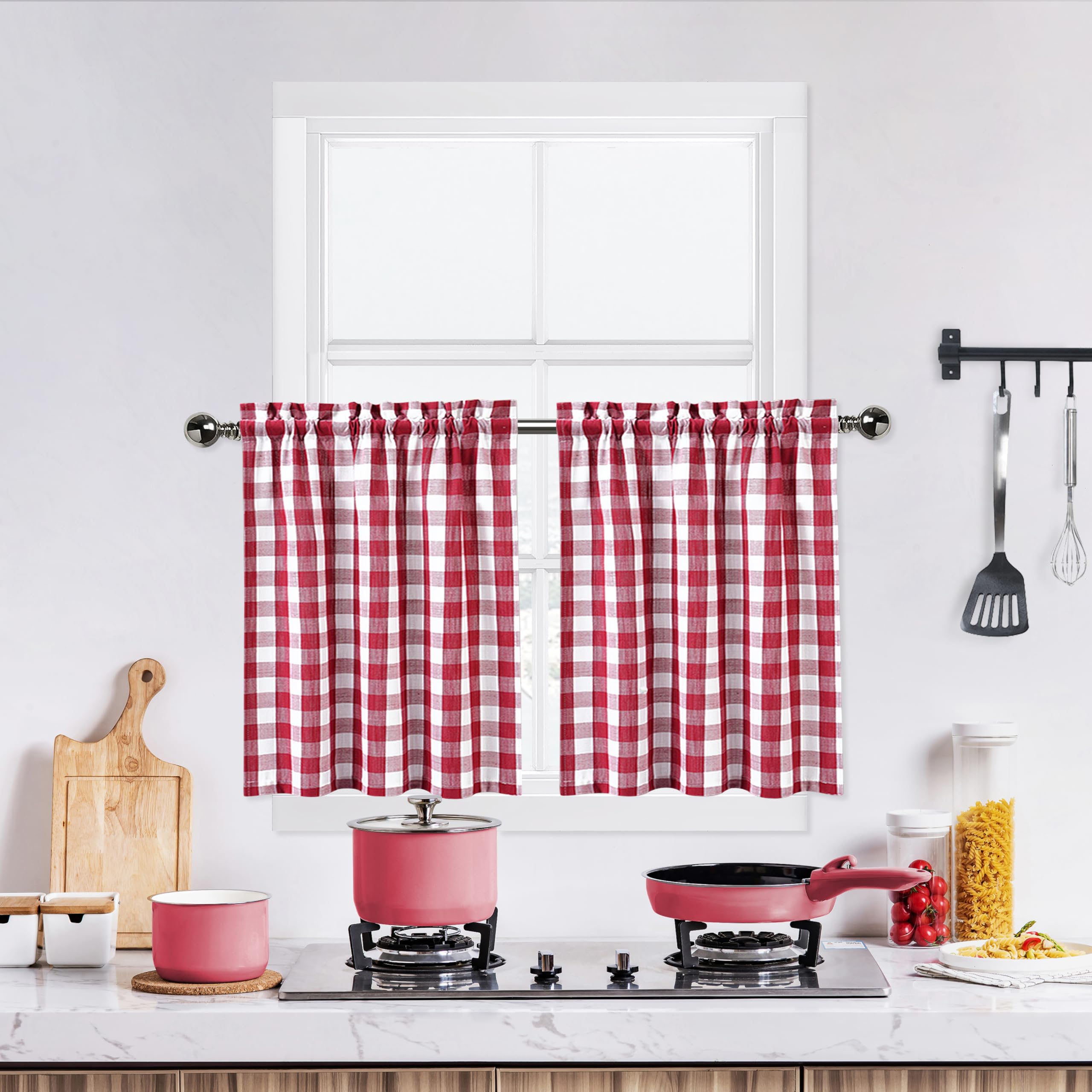 Red And White Tier Kitchen Curtains 36 Inches Long,Burgundy Buffalo Plaid Gingham Rod Pocket Half Window Treatment Set Half Wind