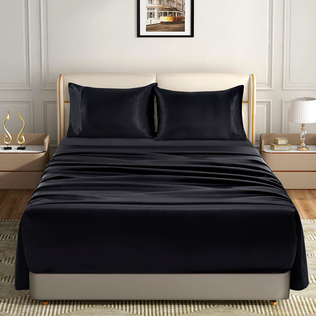 Homiest 4Pcs Extra Deep Pocket Satin Sheets Full Size Bed Set, 18-24 Inch Deep Pocket Bed Sheets Black Satin Sheet Set, Silky Satin Bedding Set Luxury Fitted Sheet Set Fits Ultra Deep Mattress