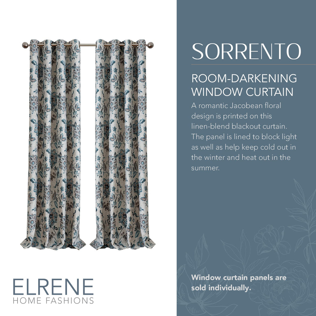 Elrene Home Fashions Sorrento Jacobean Floral Room-Darkening Window Curtain, 52 In X 95 In, Blue/Taupe