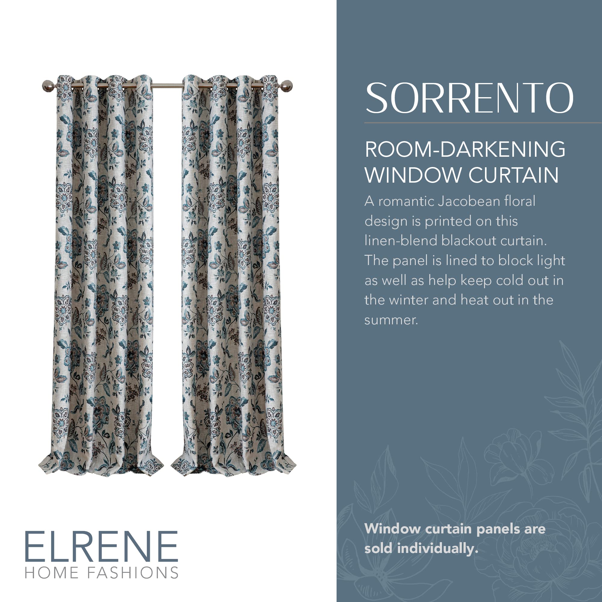 Elrene Home Fashions Sorrento Jacobean Floral Room-Darkening Window Curtain, 52 In X 95 In, Blue/Taupe