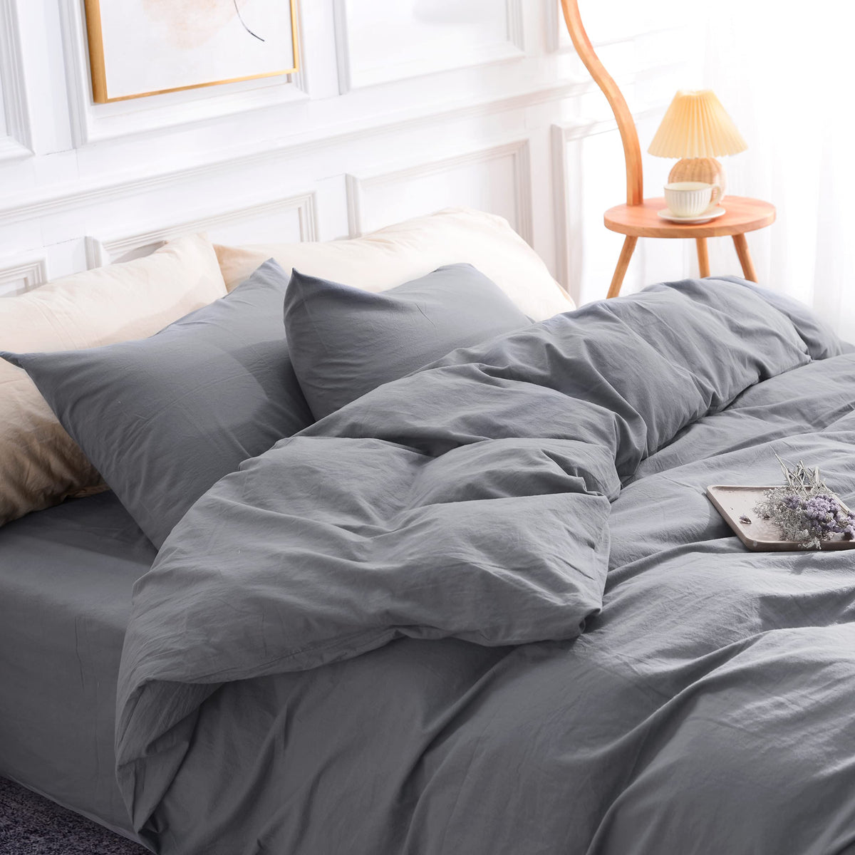 Nexhome Pro Cotton Duvet Cover Oversized Queen 92'X98' Linen Look Textured Organic Natural 100% Washed Cotton Duvet Cover 3 Pieces Bedding Set Zipper Closure, Breathable, Soft, Grey (No Comforter)