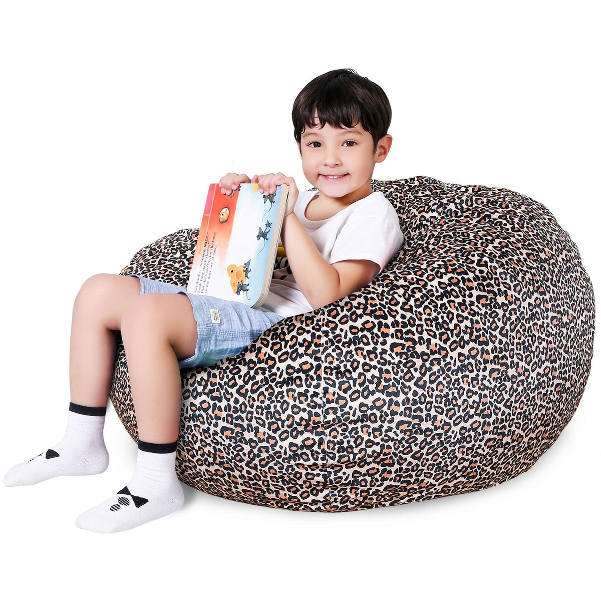 Lukeight Stuffed Animal Storage Bean Bag Chair Cover For Kids, Zipper Beanbag Chair Cover For Organizing Toddler And Kids' Rooms Plush Toys (Leopard Velvet, X-Large)