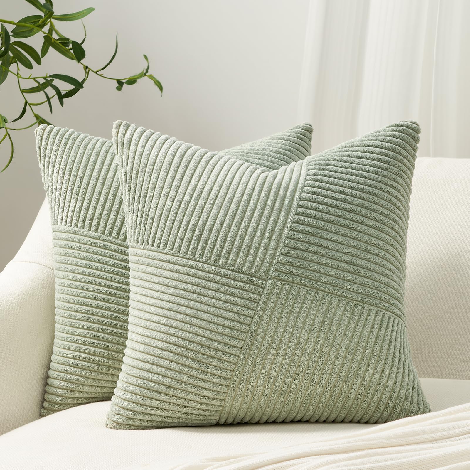 Topfinel 16X16 Inch Decorative Throw Pillow Covers Soft Corduroy Boho Stripe Textured Sagegreen Pillow Covers Set Of 2 Spring Fa