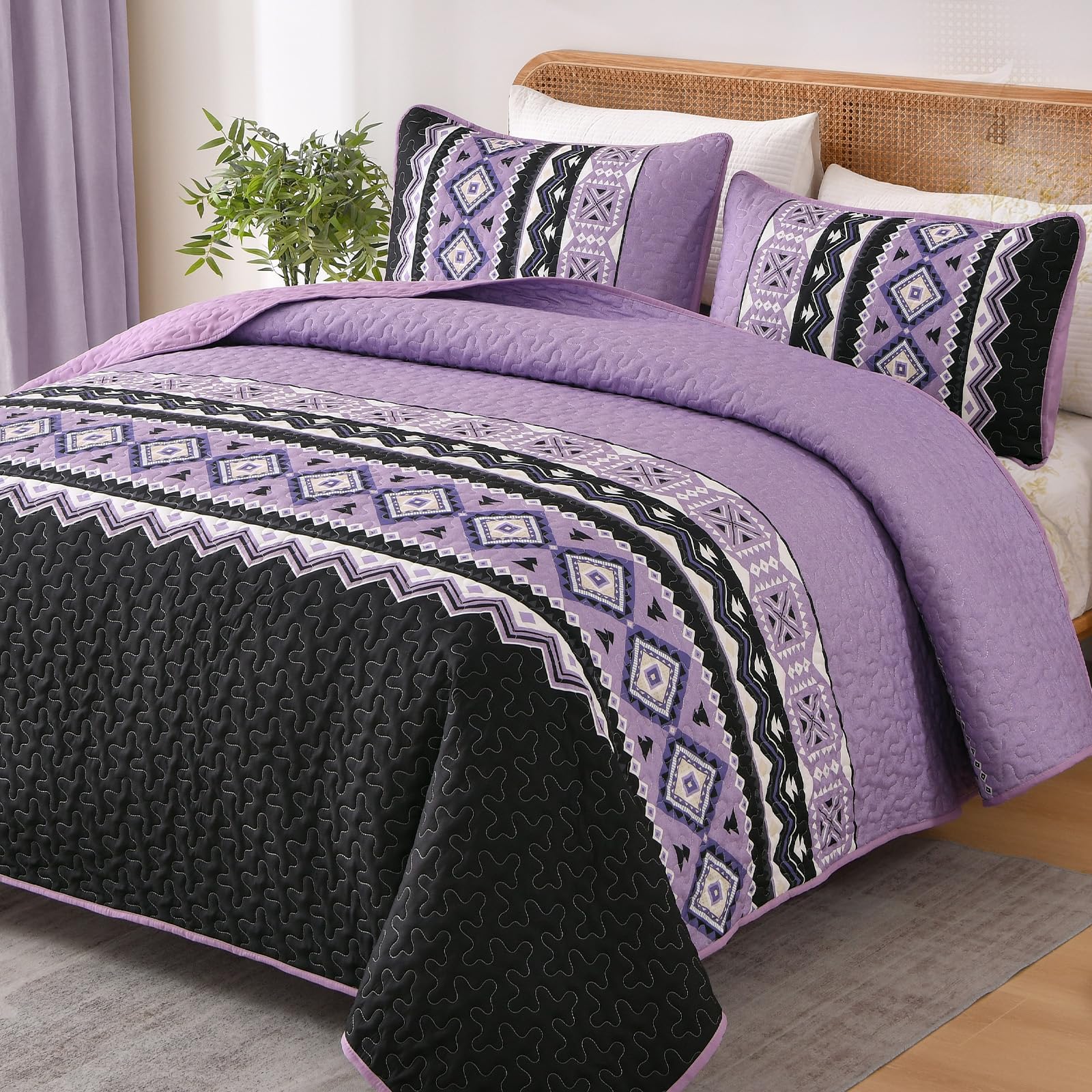 Wongs Bedding 3 Pieces Quilt Set Queen Size, Purple Quilt Bedspread Lightweight Bohemian Coverlet Set With 2 Pillowcase, Soft Ge
