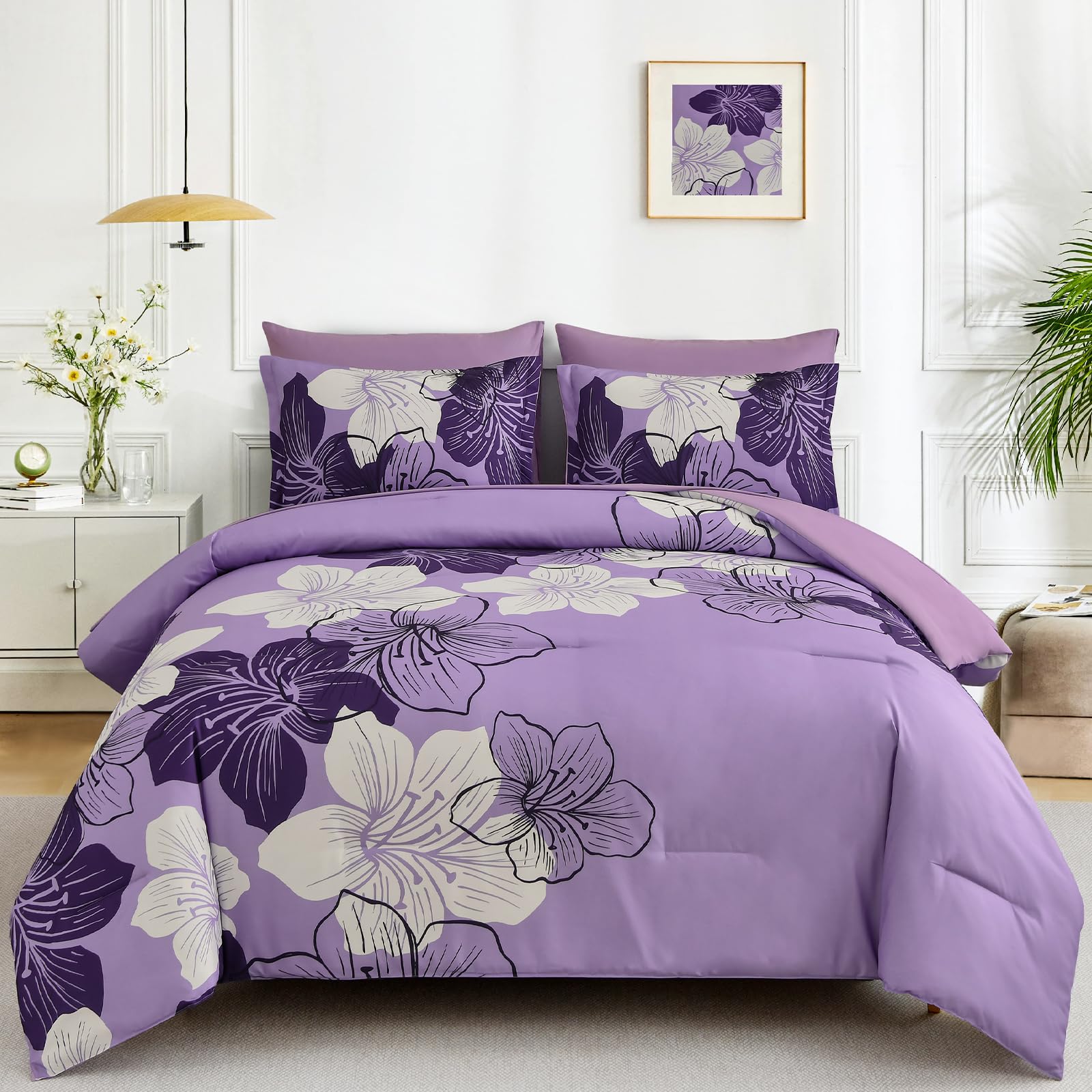 Luxudecor Floral Comforter Set Queen Size, Lavender Floral Comforter And Sheet Set, 7 Pieces Bed In A Bag Soft Microfiber Comple